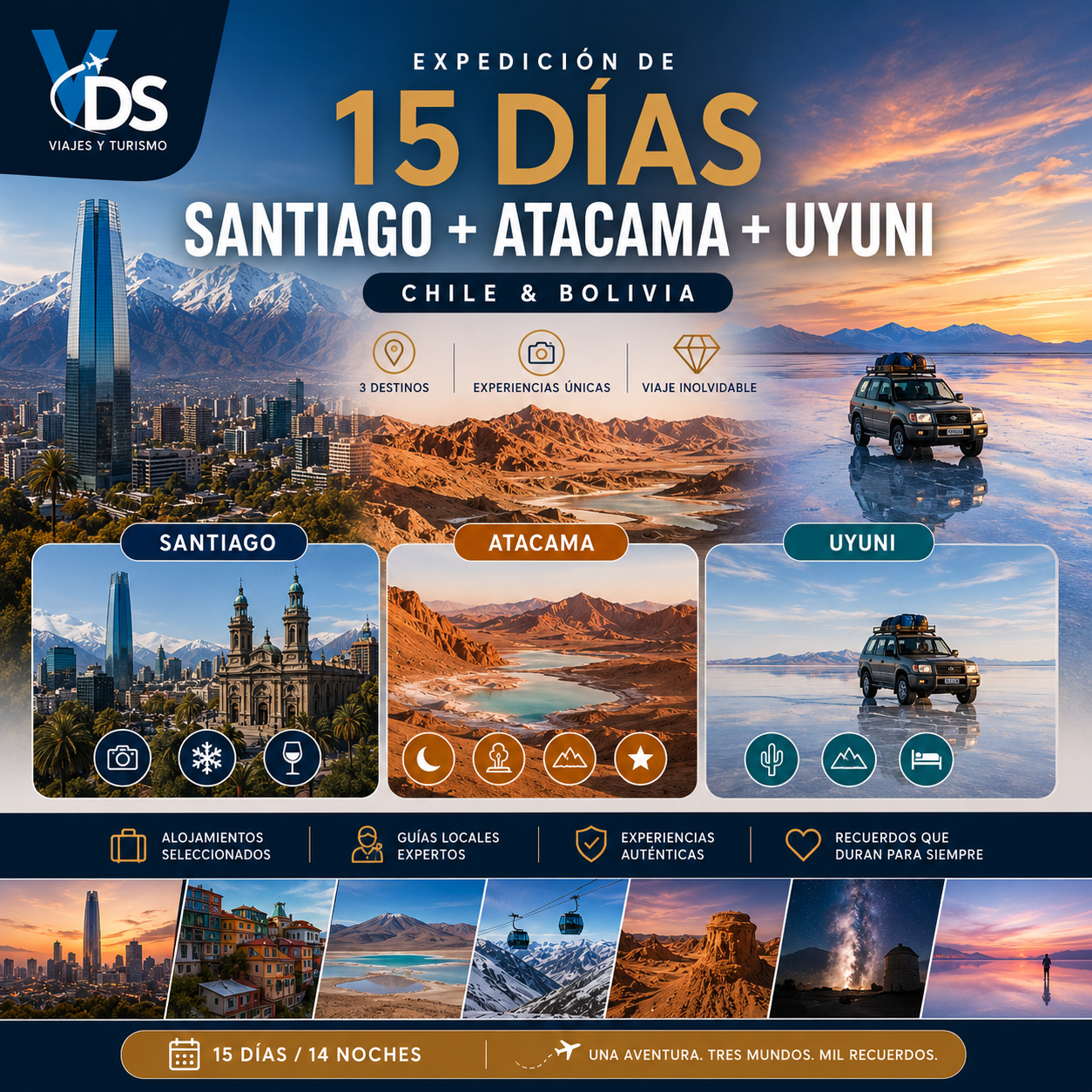 Flyer Paquete 15 días Santiago + Atacama + Uyuni