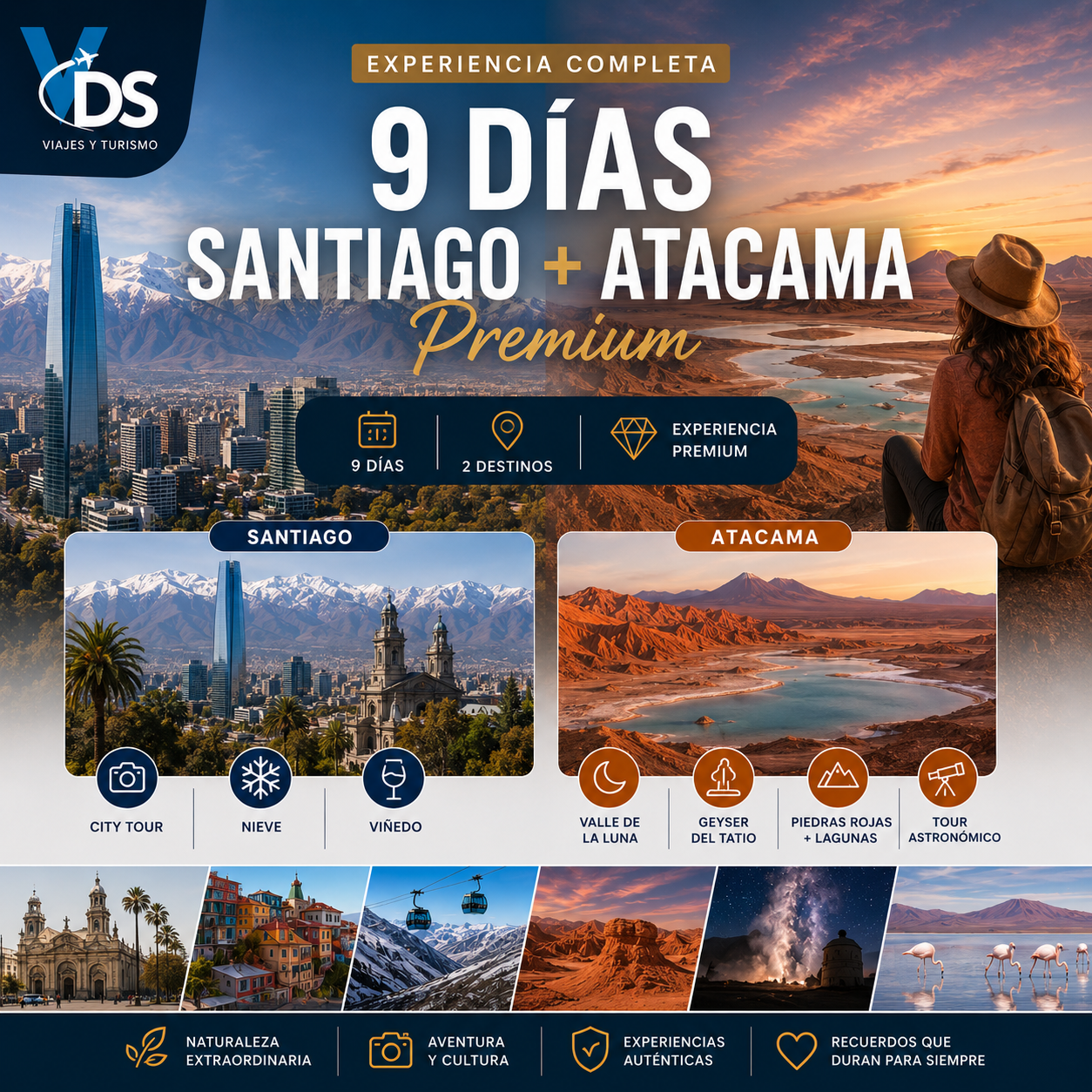 Flyer Paquete 9 días Santiago + Atacama Premium