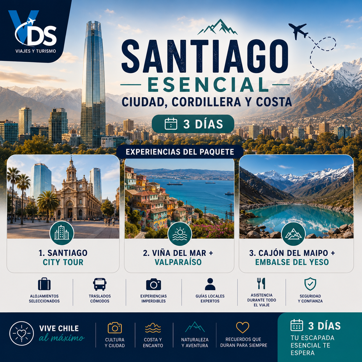 Flyer Paquete Santiago Esencial Ciudad, Cordillera y Costa en 3 Días
