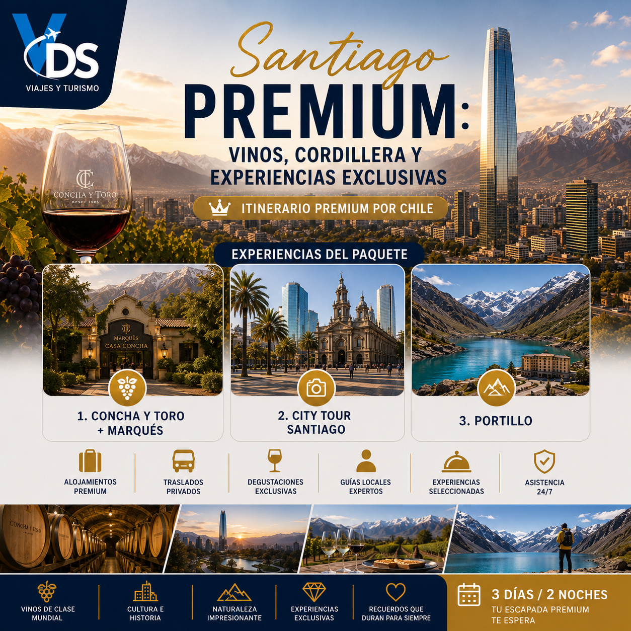 Flyer Paquete Santiago Premium Vinos, Montañas y Experiencias Exclusivas