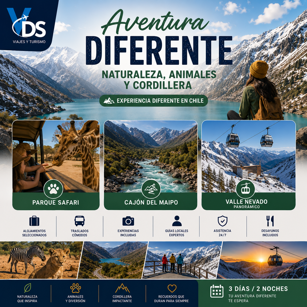 Flyer Paquete aventura diferente naturaleza, animales y cordillera.