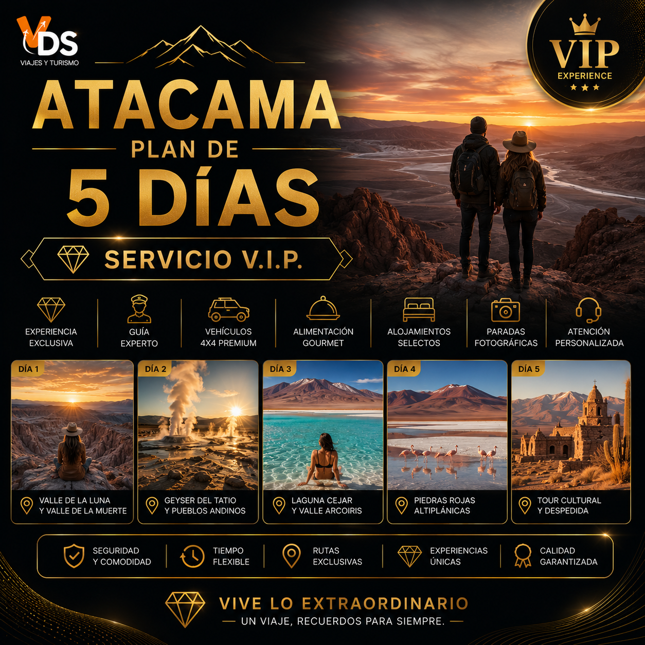 Flyer Atacama plan de 5 días. Servicio V.I.P.